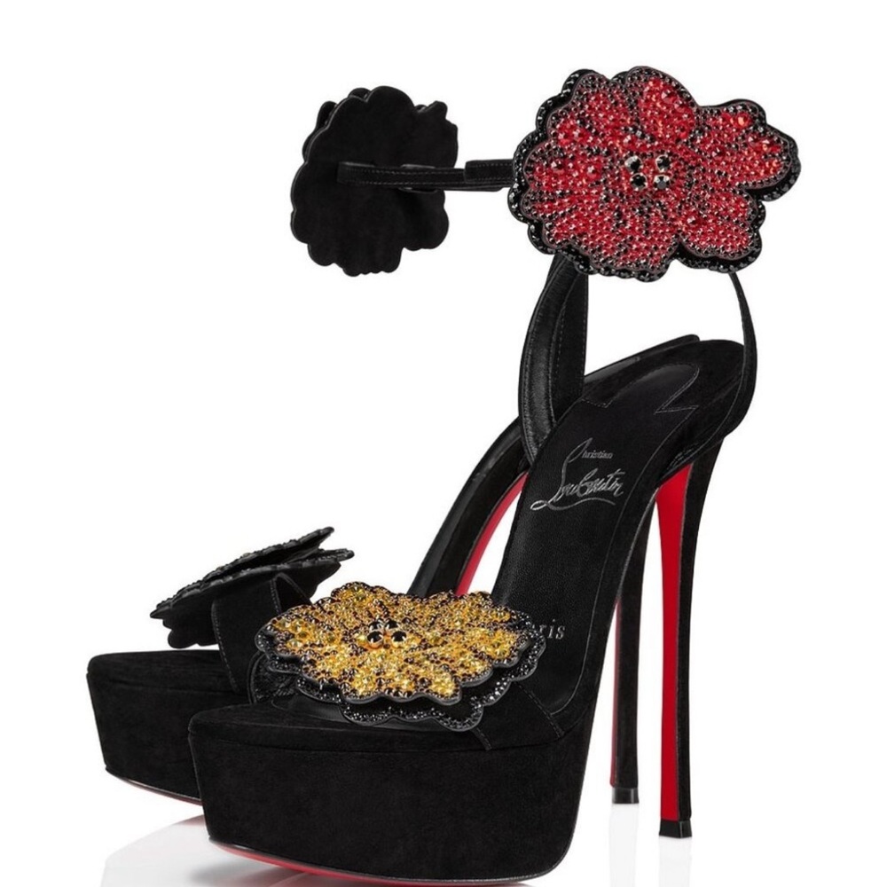 Christian Louboutin Black and Gold Floral Heels